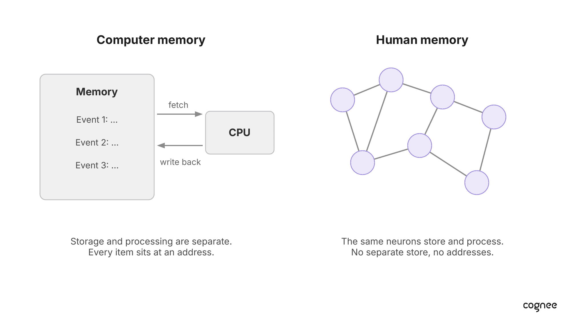 Computer memory as an addressed store fetched by a CPU, compared with human memory distributed across connected neurons