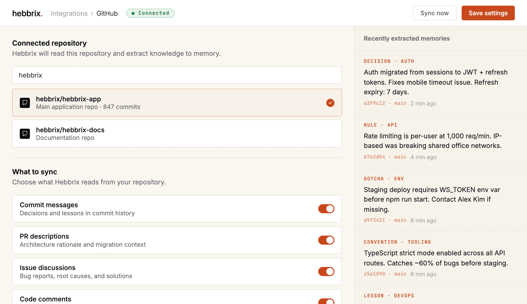 The Hebbrix dashboard shows a connected data source, synchronization controls, and the memories extracted from it.