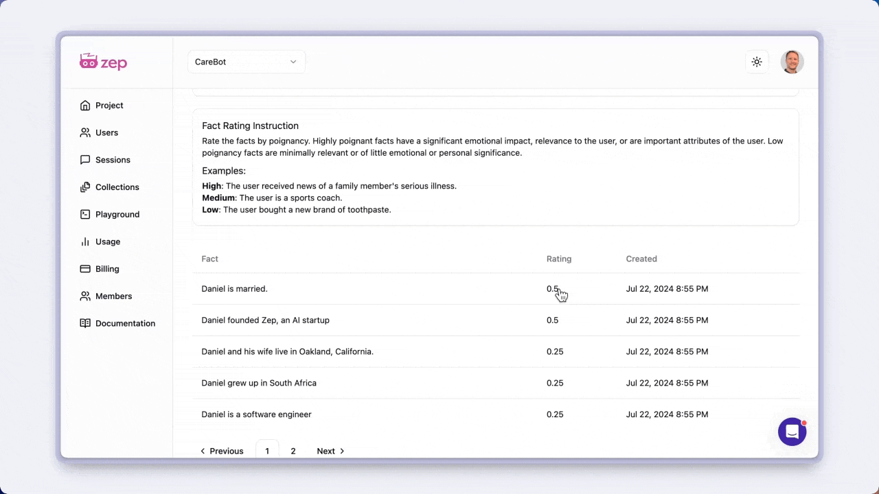 Zep's relationship-graph interface connects entities and facts across a user's history, including how those relationships change over time.