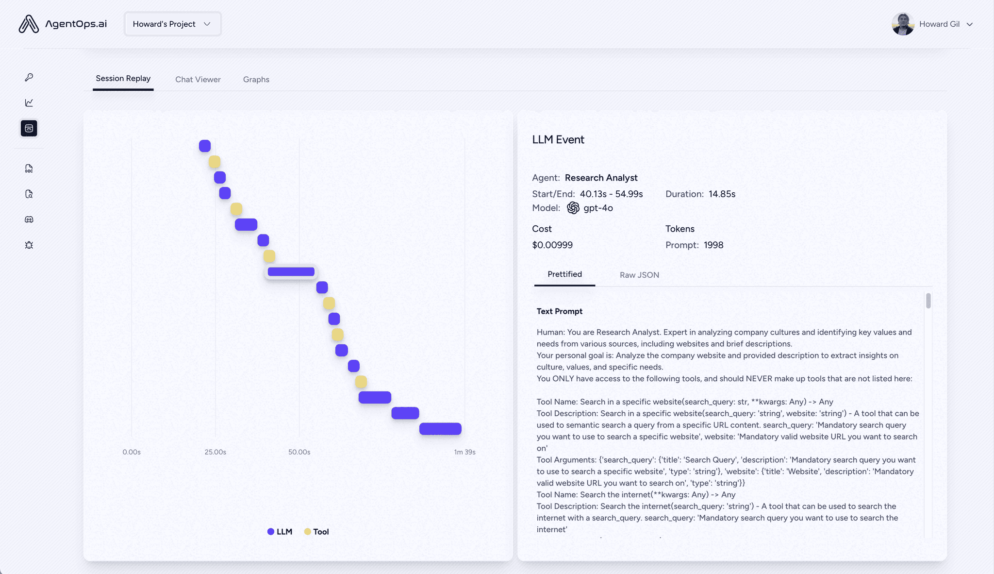 AgentOps session replay view showing an LLM and tool call timeline alongside a Research Analyst agent's model event details
