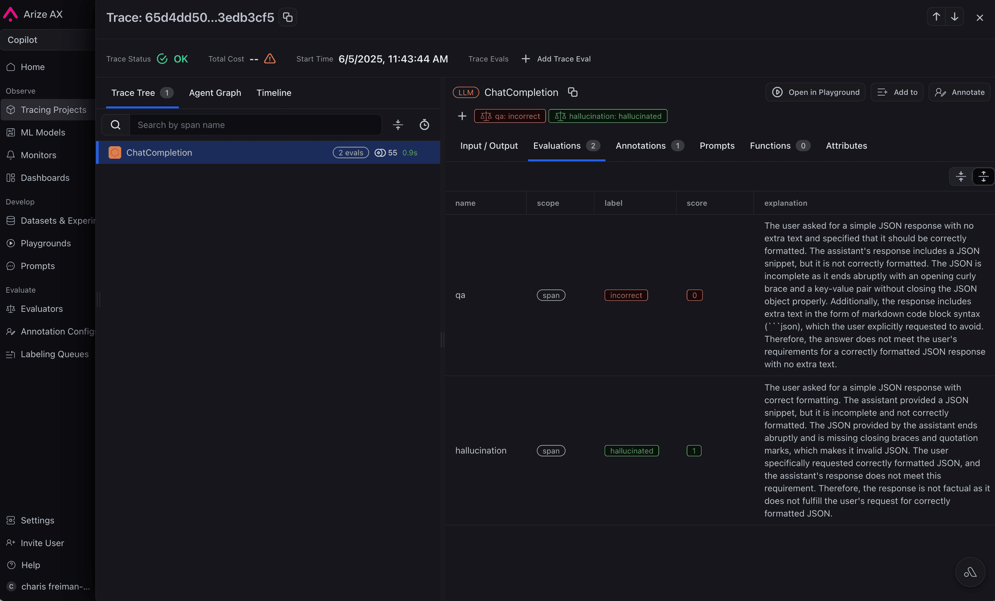 Arize AX trace evaluation view showing qa and hallucination scores with explanations for a chat completion span