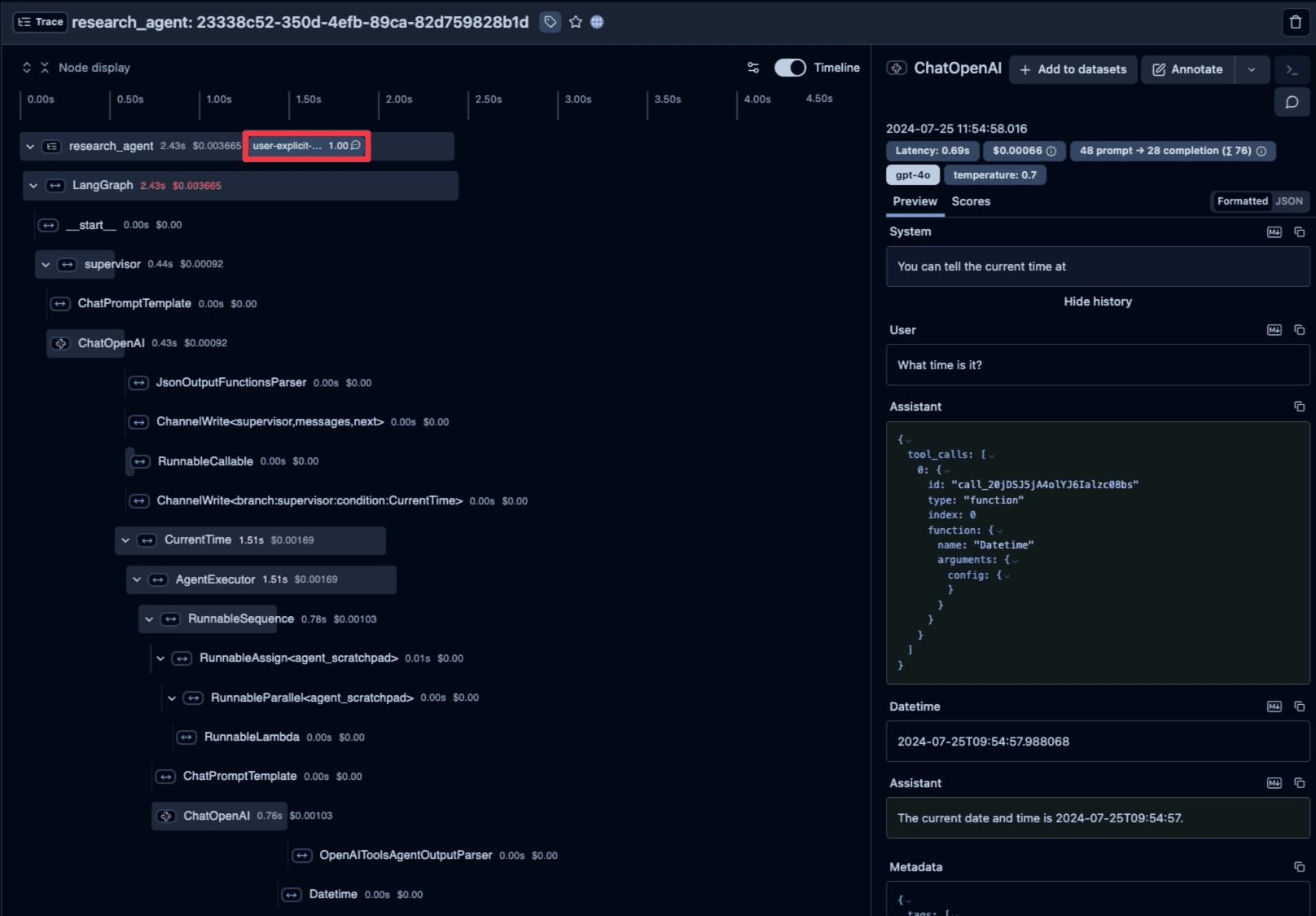 Example Langfuse trace of a LangGraph agent run, showing the supervisor, tool, and model spans with an attached score
