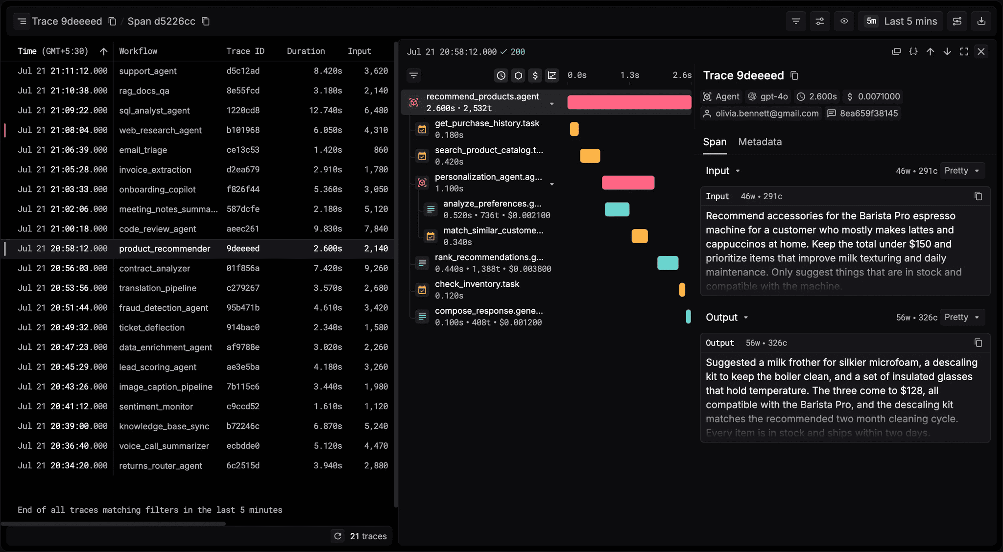 Example agent observability trace showing input, output, and span timeline for a multi-step agent run