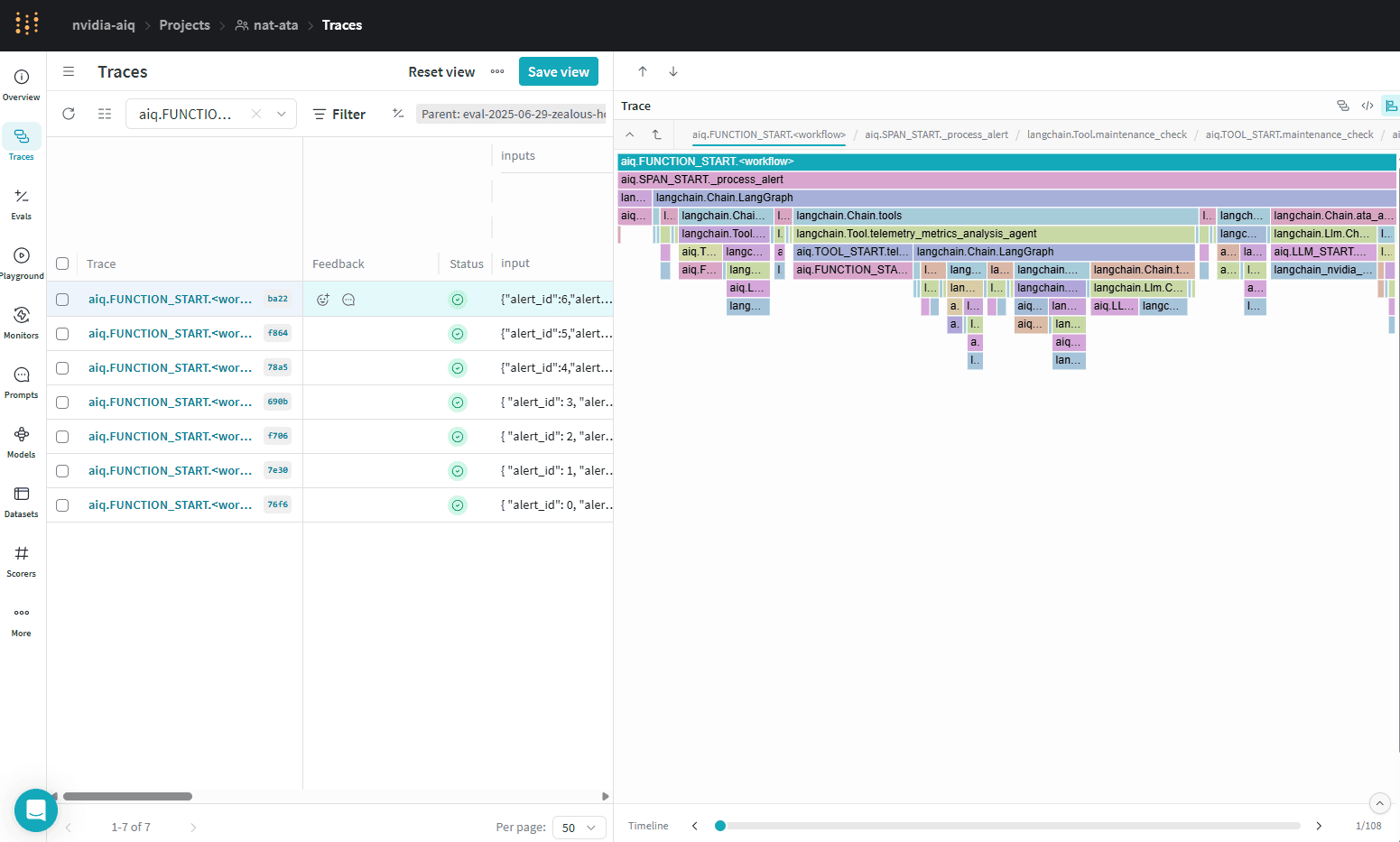 Example agent trace view showing nested workflow, tool, and model call spans with timing and cost