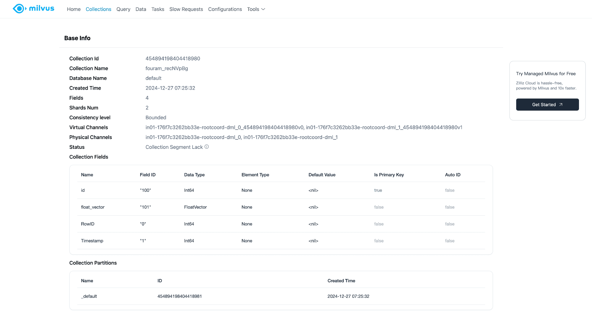 Milvus WebUI showing collections and database management for a Milvus deployment.