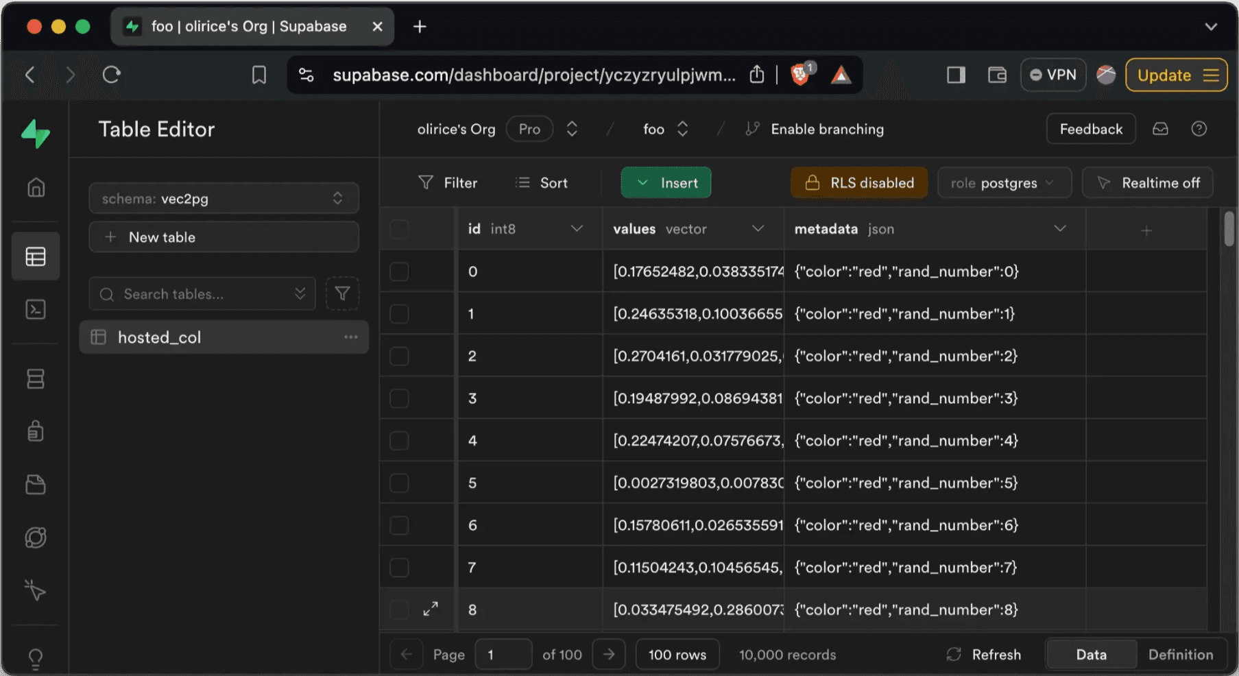 pgvector data viewed through a PostgreSQL interface, with embeddings stored alongside relational records.