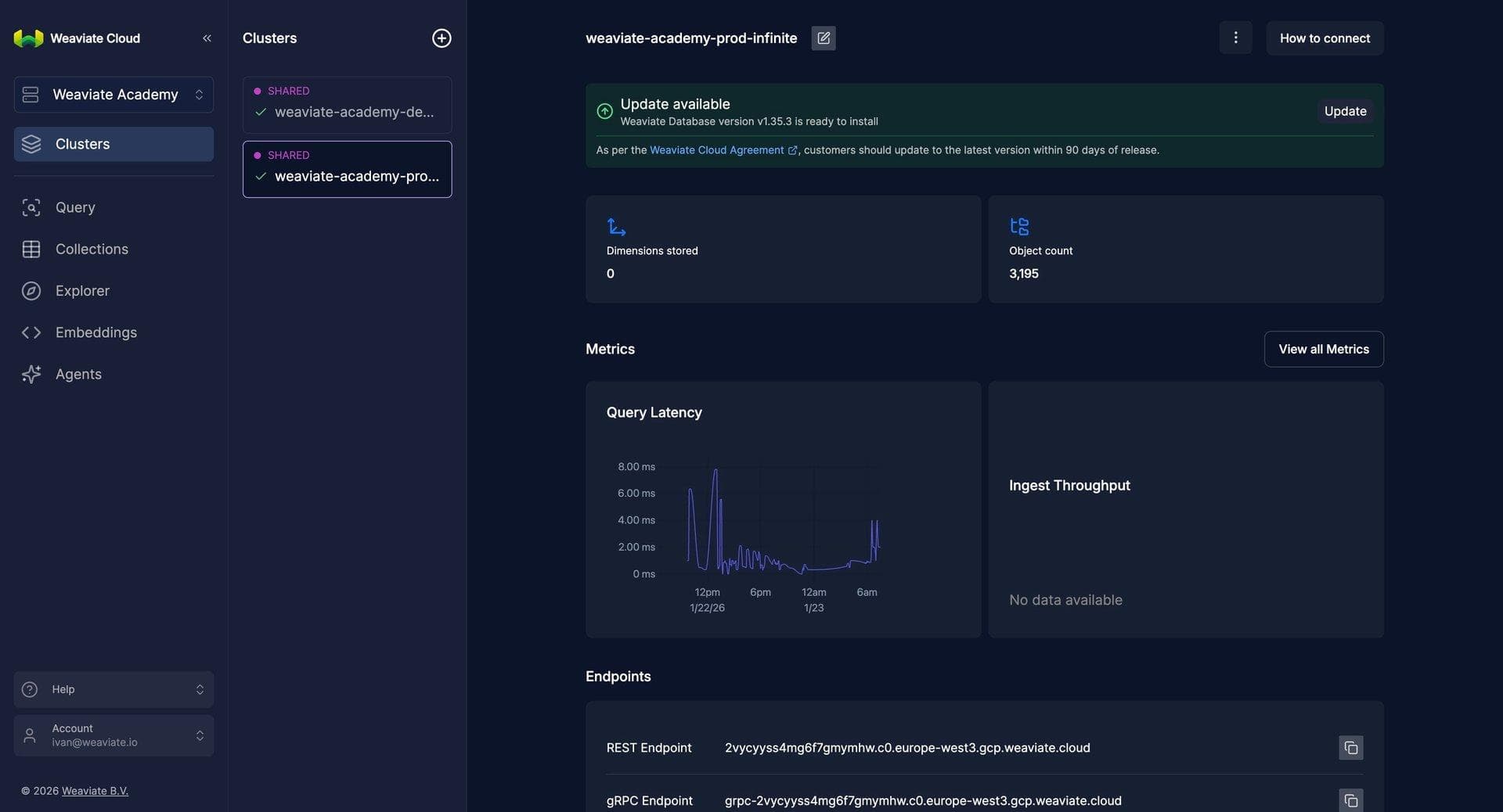 Weaviate Cloud interface for exploring collections, objects, properties, and vector data.