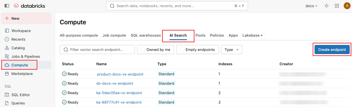 Databricks AI Search endpoint creation