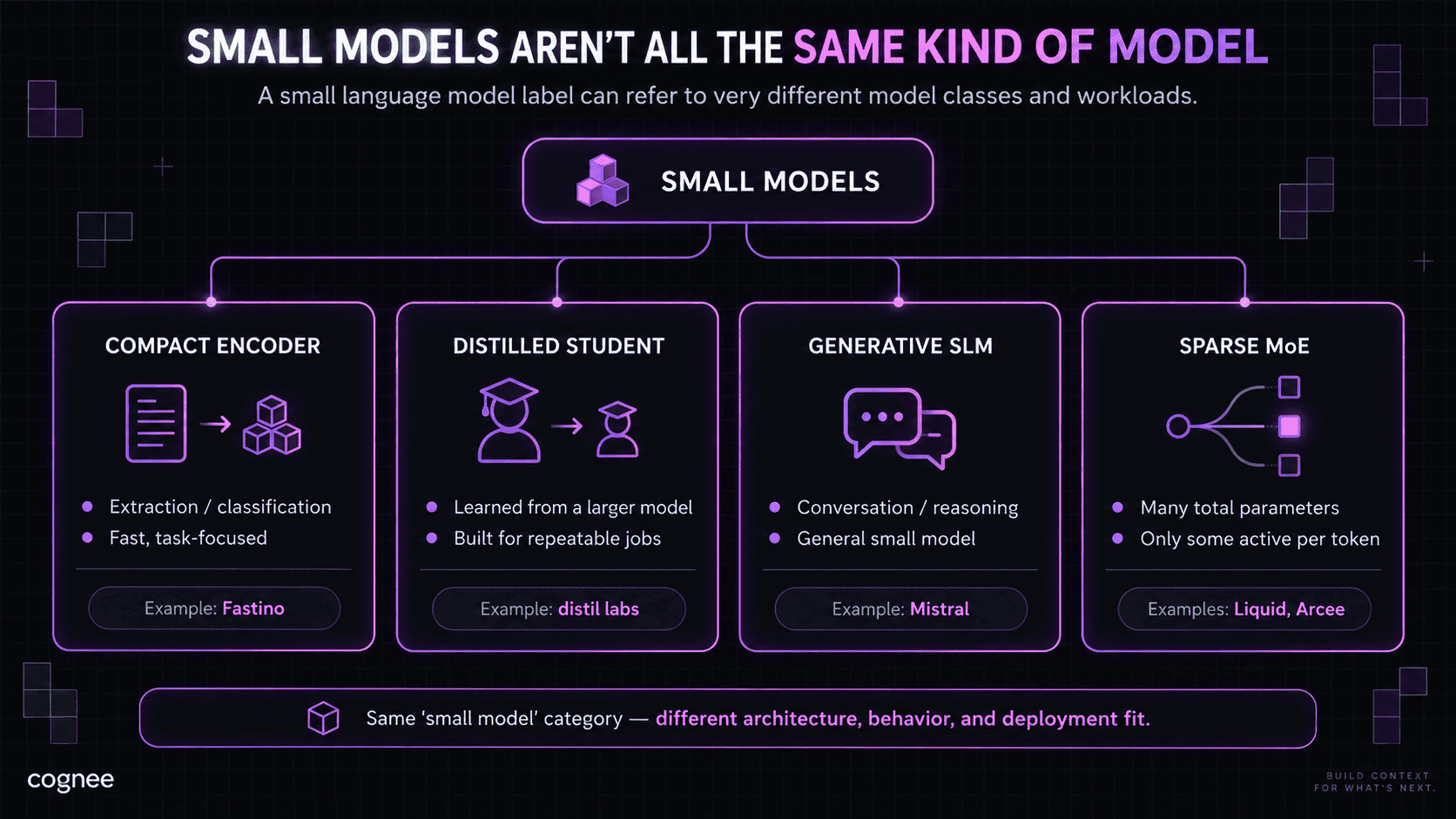 Diagram of four small-model categories — compact encoder, distilled student, generative SLM, and sparse MoE — with a representative provider example for each