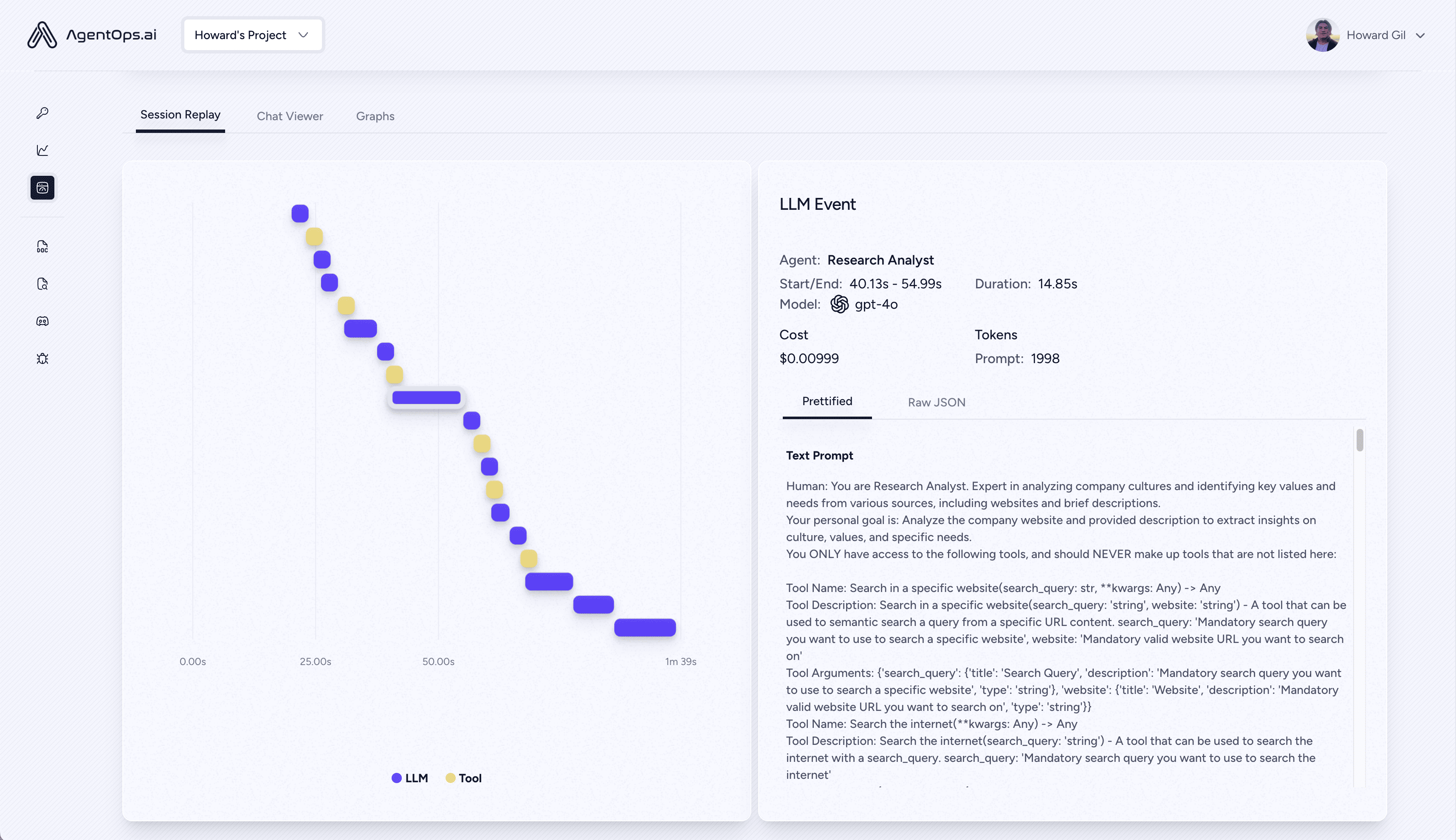 AgentOps session replay view showing an LLM and tool call timeline alongside a Research Analyst agent's model event details