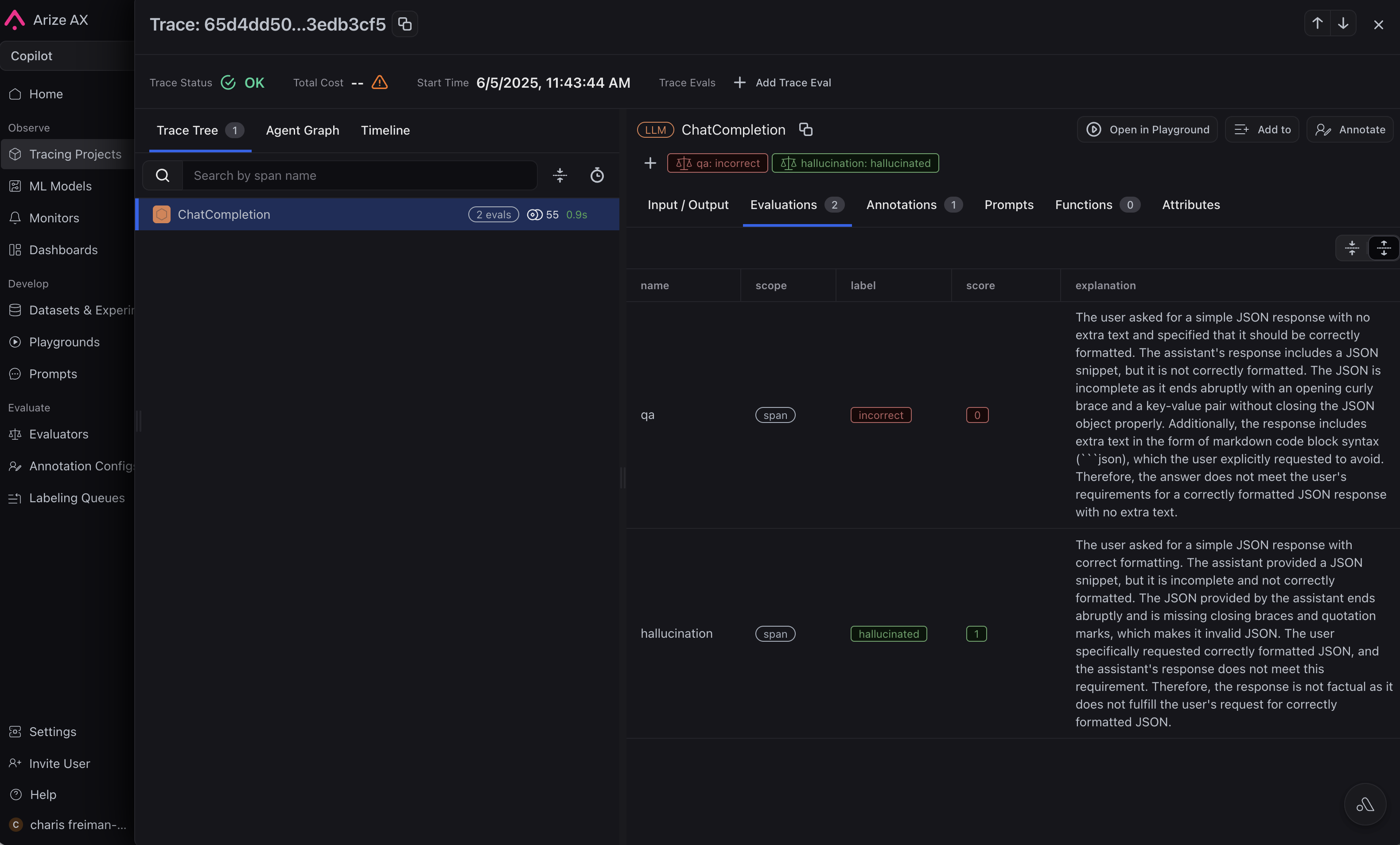 Arize AX trace evaluation view showing qa and hallucination scores with explanations for a chat completion span
