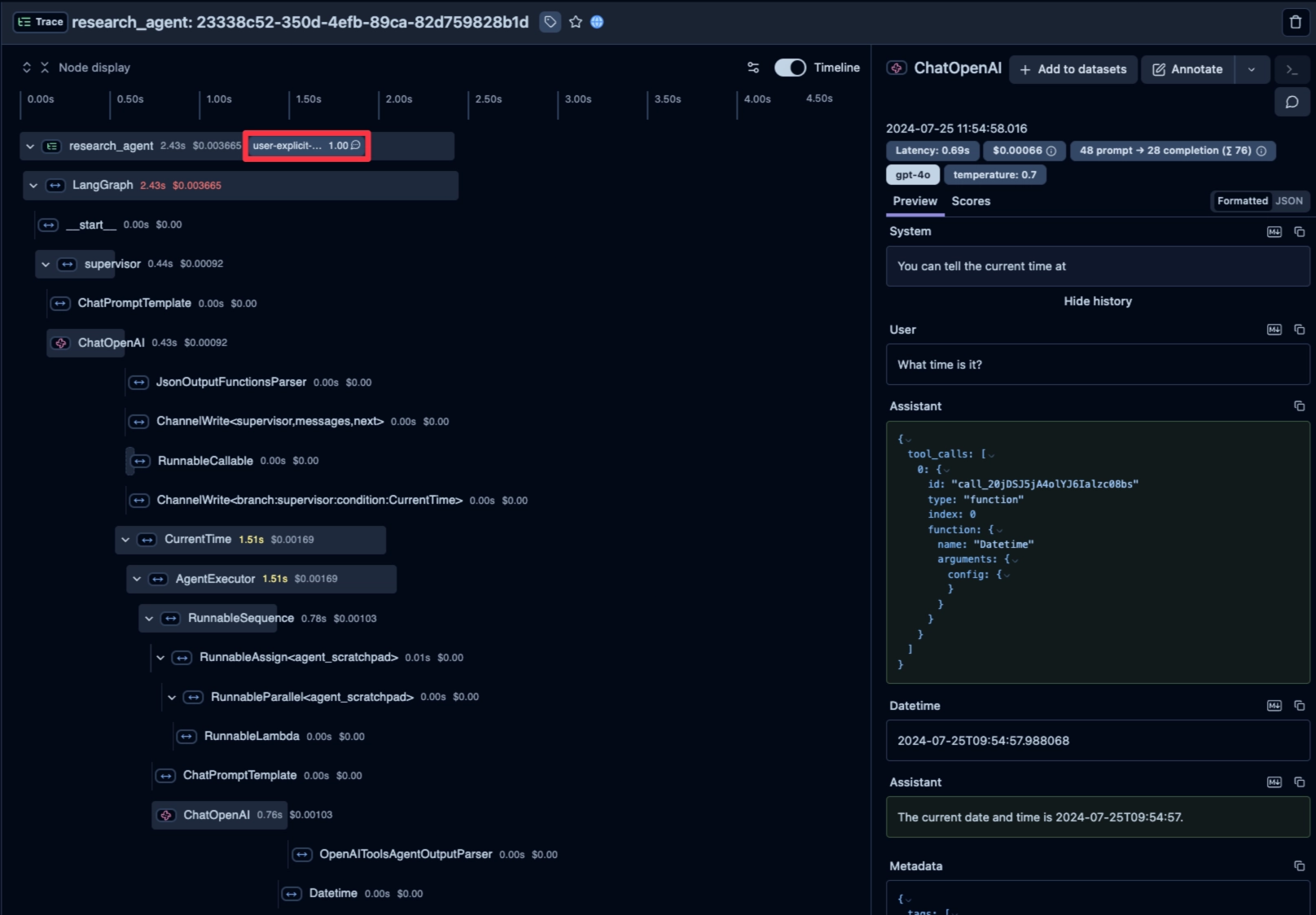Example Langfuse trace of a LangGraph agent run, showing the supervisor, tool, and model spans with an attached score