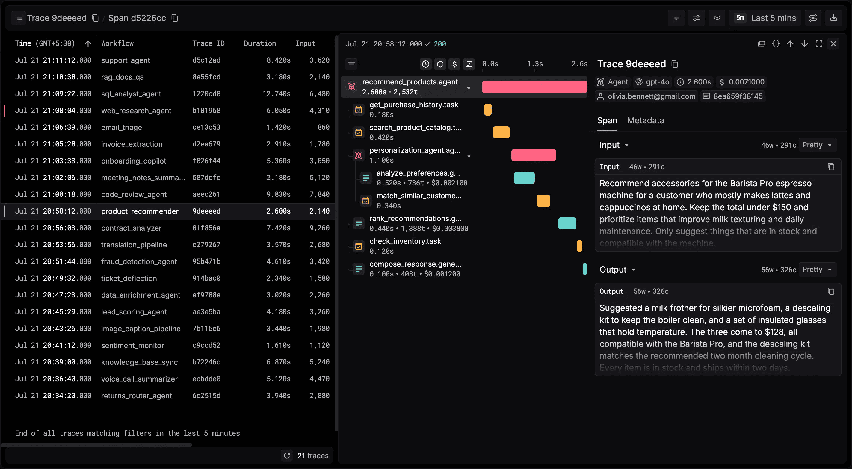 Example agent observability trace showing input, output, and span timeline for a multi-step agent run