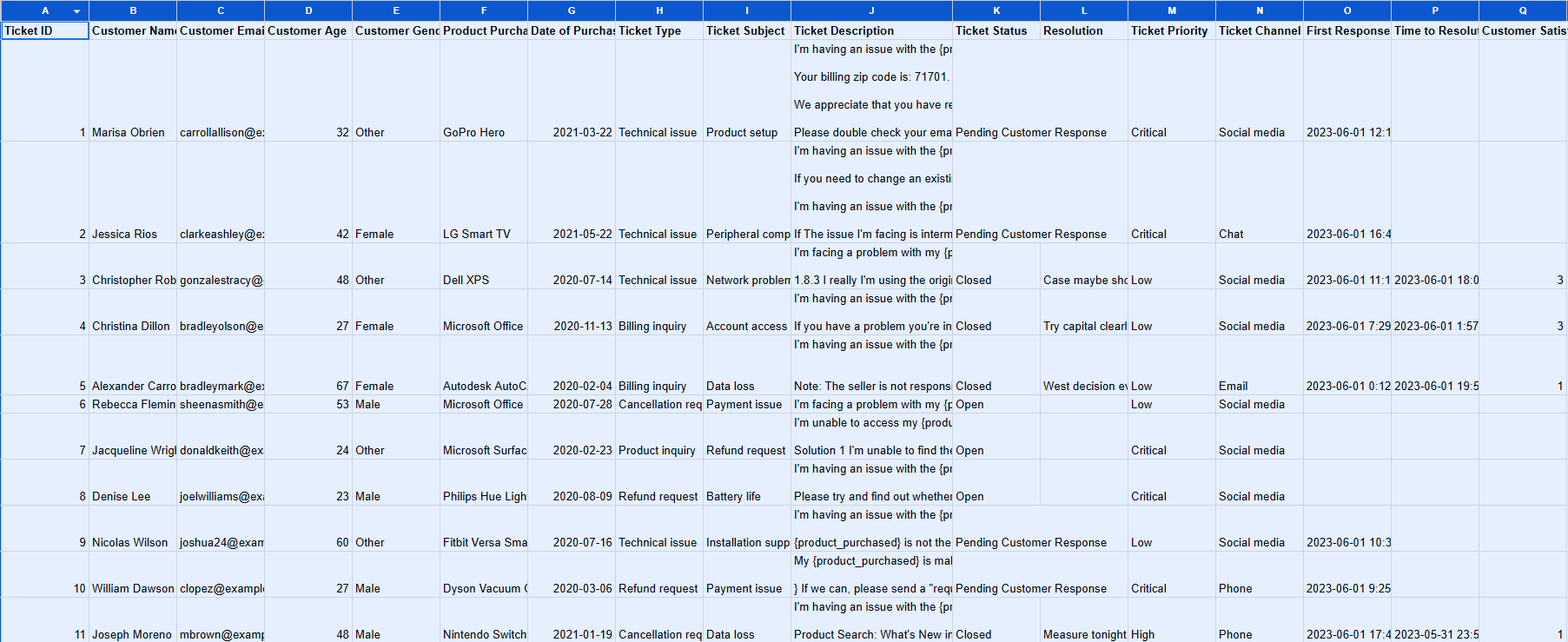 First Ten Rows of the Customer Support Ticket Dataset