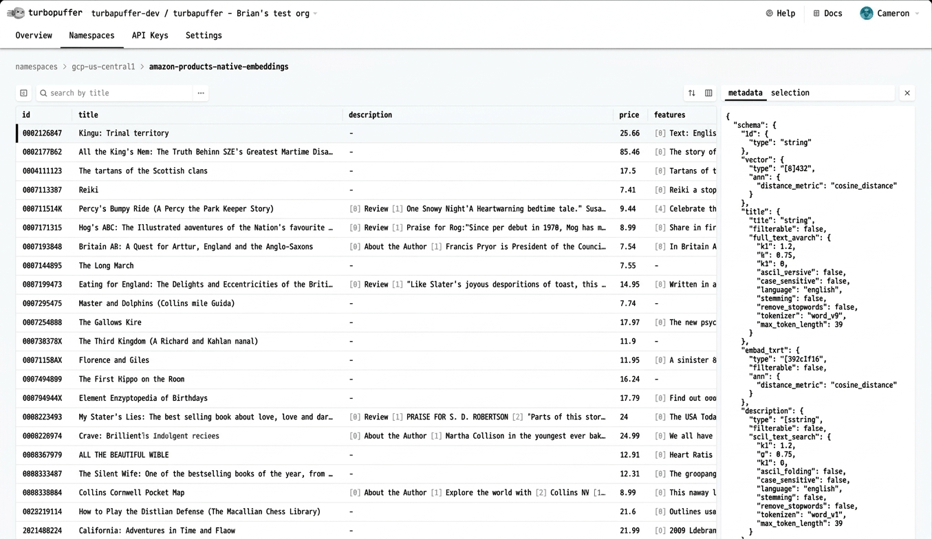 turbopuffer console showing a namespace's rows and the schema panel, including vector, filterable, and full-text search index metadata for each column