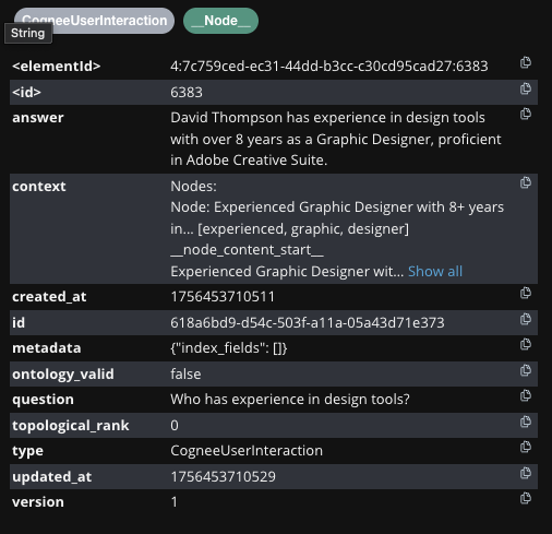 CogneeUserInteraction node interface showing the stored question "Who has experience in design tools?", the generated answer "David Thompson has experience in design tools with over 8 years as a Graphic Designer, proficient in Adobe Creative Suite", and the supporting context from the knowledge graph. The interface displays metadata including timestamps, IDs, and version information.
