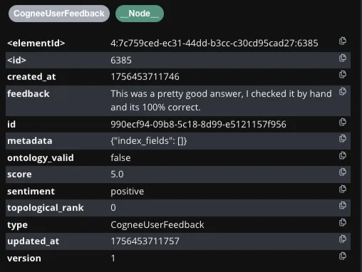 Detailed CogneeUserFeedback node interface for User 1 displaying the complete feedback structure with free-text feedback "This was a pretty good answer, I checked it by hand and its 100% correct", numerical score of 5.0 within the -5 to +5 range, and sentiment category marked as positive. The interface shows all metadata fields including element IDs, timestamps, and version information.