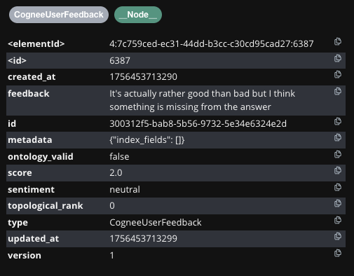 Detailed CogneeUserFeedback node interface for User 2 displaying the complete feedback structure with free-text feedback "It's actually rather good than bad but I think something is missing from the answer", numerical score of 2.0 within the -5 to +5 range, and sentiment category marked as neutral. The interface shows all metadata fields including element IDs, timestamps, and version information.
