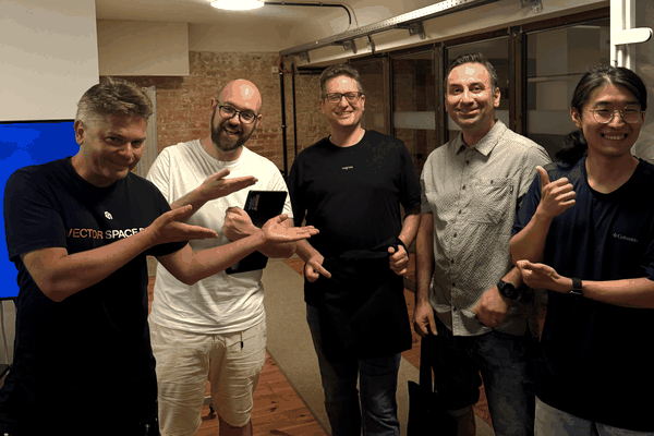 Six photos from the cognee and Qdrant hack night in Berlin: the winning team, a talk at the cognee banner, the build session, a team demo, the full room, and arrival
